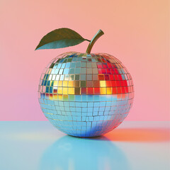 Fruit made from disco ball, pastel background, in the style of hyper-realistic photography