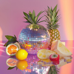 Fruit made from disco ball, pastel background, in the style of hyper-realistic photography