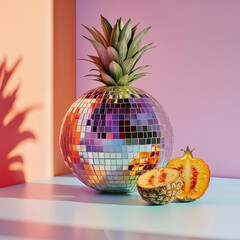 Fruit made from disco ball, pastel background, in the style of hyper-realistic photography