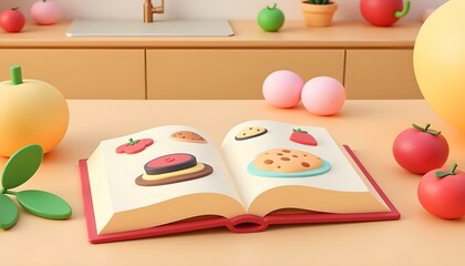 3D render of an open cookbook with delicious food images, placed on a kitchen countertop with utensils and ingredients around create with ai