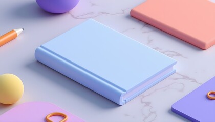 a blank book lying flat on a marble surface, with a textured cover and a slight reflection from the surface create with ai