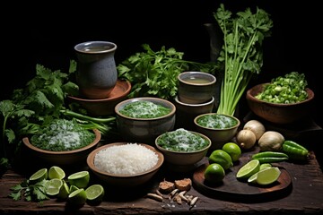Colorful spices and fresh herbs arranged in bowls on rustic wooden table with dark background