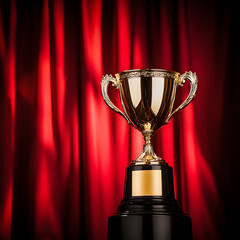 Golden Trophy Cup with Spotlight, Red Curtain Background, and Ornate Handles