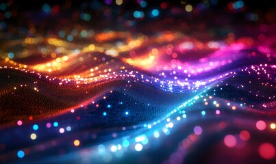 A network grid with flowing, multicolored light trails representing data streams