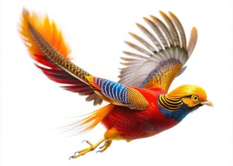 Obraz premium A vibrant golden pheasant takes flight; miniature tilt-shift photography reveals exquisite avian detail.