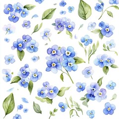Watercolor illustration of blue and pink forget-me-nots, designed for greeting and invitation cards, with a white background for clarity.