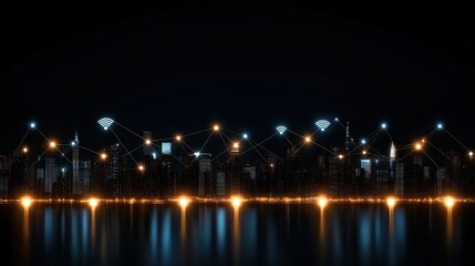 Obraz premium Night view of New York cityscape featuring digital wireless network connection concept highlighted by vibrant city lights and skyline