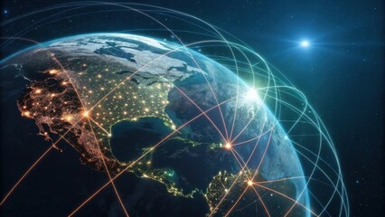 Illuminated network of connected cities covering north america on planet earth, symbolizing global communication and data exchange in a futuristic technological world