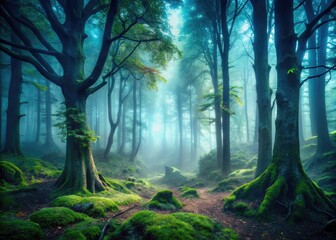 Fototapeta premium Dark, foggy woods: a haunting Scandinavian landscape, nature's mysterious embrace.