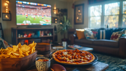 A group of people are watching a football game and eating pizza