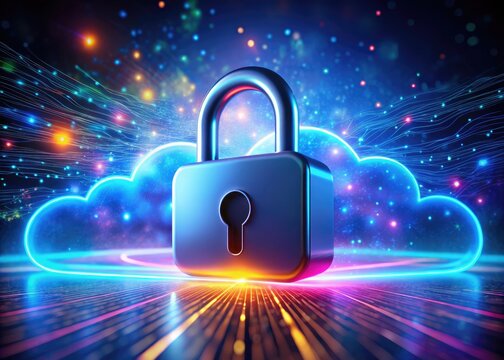Digital security: a cloud, shaped as a padlock, shines in the night, illustrating secure cloud computing.
