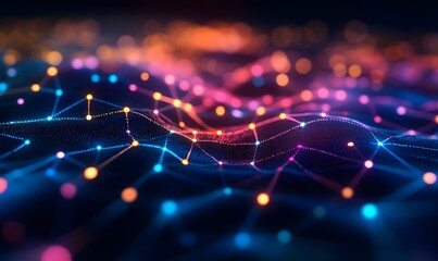An intricate digital network grid with glowing colored lights forming a web-like structure