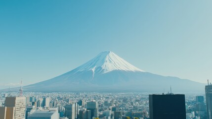 Majestic Snow-Capped Mount Fuji Surrounded by Cityscape in Clear Blue Sky