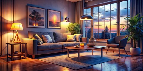 Fototapeta premium Evening shadows lengthen on the plush sofa, a gentle lamp glows nearby.