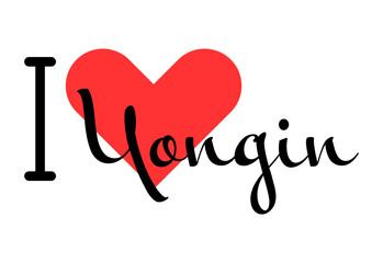 I love Yongin, city of South Korea. Hand drawn letters with red heart. Vector illustration lettering, modern design