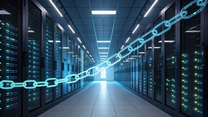 Fototapeta premium Glowing digital blockchain connecting server racks in modern data center, symbolizing robust security measures for data integrity and protection against cyber threats