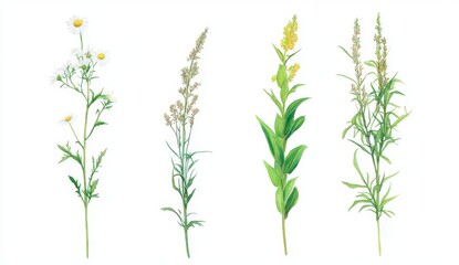 Fototapeta premium Watercolor paintings of yellow flowers on a white background, meticulously hand-painted for design and invitation needs.