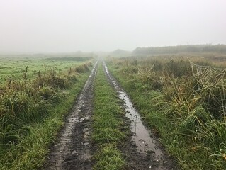 Fototapeta premium A foggy rural path lined with grass and spider webs after rain.