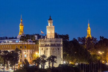 Historic Seville Landmarks Featuring Torre del Oro and Plaza de Espana Towers