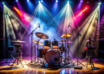 Low-light stage captures the raw energy of a drum kit before the concert begins.