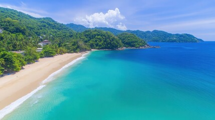 Serene Tropical Beach with Crystal Clear Water and Lush Green Mountains