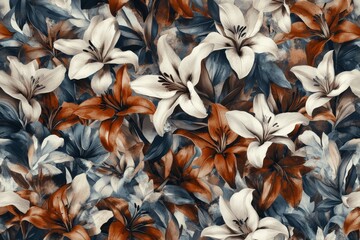 Fototapeta premium Elegant floral pattern with lilies and vibrant blossoms, well-suited for sophisticated textiles or high-class packaging.