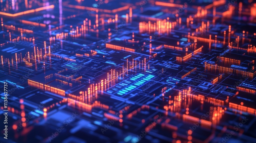 Poster abstract digital circuit board with glowing lines and data streams.