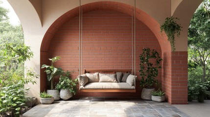 Hanging swing seat in arched brick patio.