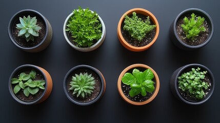 Eight potted plants arranged on a dark surface.