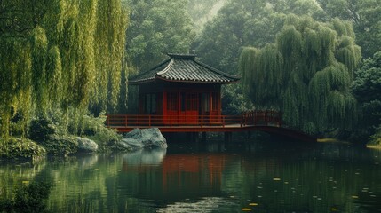 Obraz premium Serene Asian Garden Pavilion on Calm Lake: Tranquil Reflections in Lush Greenery