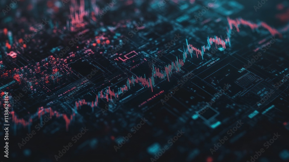 Poster abstract digital data visualization with glowing lines on a circuit board.