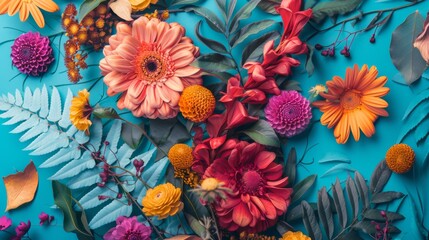 Vibrant floral arrangement on a bright blue background