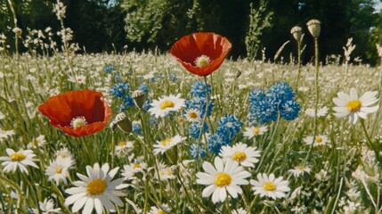 Discover the charm of a digital oil painting showcasing a summer meadow carpeted with colorful wildflowers in an impressionistic manner. This stunning stock photo is ideal for wallpaper, art prints,