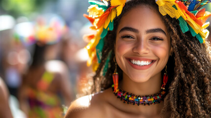 Fototapeta premium Smiling woman with colorful headdress and beaded necklace at a vibrant outdoor festival. Close-up