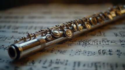A close-up of a silver flute resting on sheet music, highlighting its intricate details.