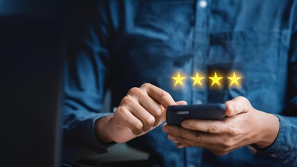 Online customer satisfaction Survey service concept, client rate service from experience in application,Consumer give five-Stars and feedback review for quality, Business reputation ranking from buyer