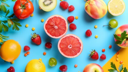 Tropical fruits arranged on a bright blue background