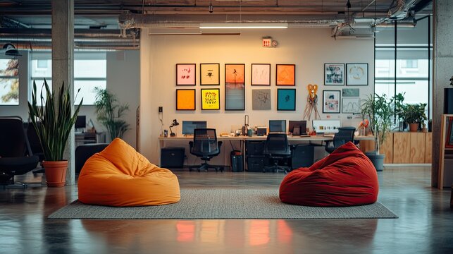 Modern office lounge with beanbag chairs and artwork. - Powered by Adobe