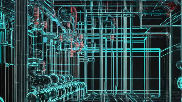 Blueprint showcasing an industrial pipeline system features glowing neon lines, emphasizing the intricate network of pipes and valves within the infrastructure