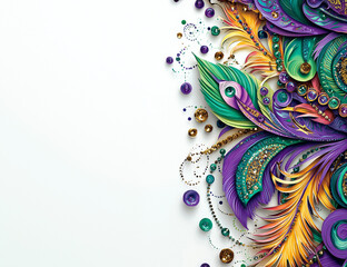 Layered paper cut-out design with Mardi Gras beads and feathers