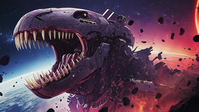 Menacing purple and gray biomechanical t-rex spaceship with its jaws open, soars through a field of space debris. Planets and a nebula are visible in the background