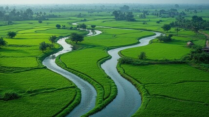 Obraz premium A serene landscape featuring winding rivers through lush green rice fields.