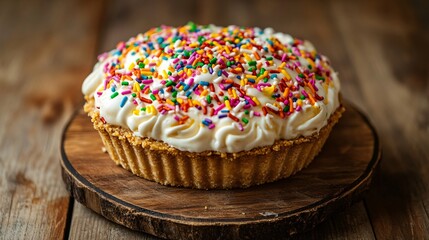 A colorful ice cream pie with a rainbow sprinkle topping, isolated on a simple rustic wooden board with soft shadows