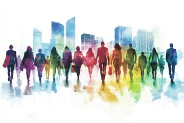 A group of diverse people walking towards the viewer, each with their own unique personality and style background is white to emphasize them against it, creating an abstract watercolor Generative AI