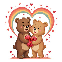 Obraz premium Adorable cartoon bears sharing a heartfelt moment with colorful hearts and rainbows in the background, illustration of character design concept.
