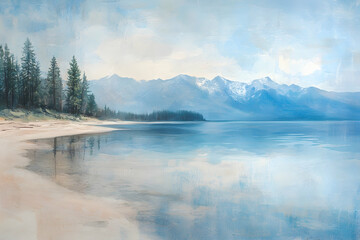 Lake Tahoe Panoramic Beach Landscape.illustration