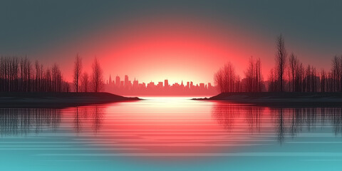 Obraz premium Vibrant Sunset Over City Skyline and Calm River Reflection