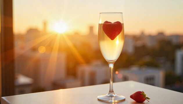 Romantic Sunset with Champagne and Heart-Shaped Strawberry in Urban Setting