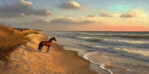  Horse on Beach at Sunset Overlooking Waves