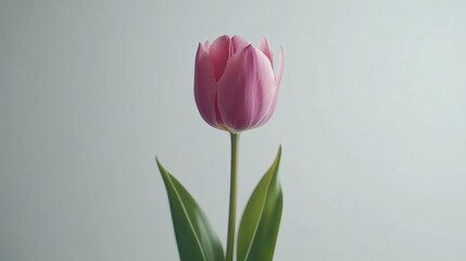 Single Pink Tulip on Light Grey Background